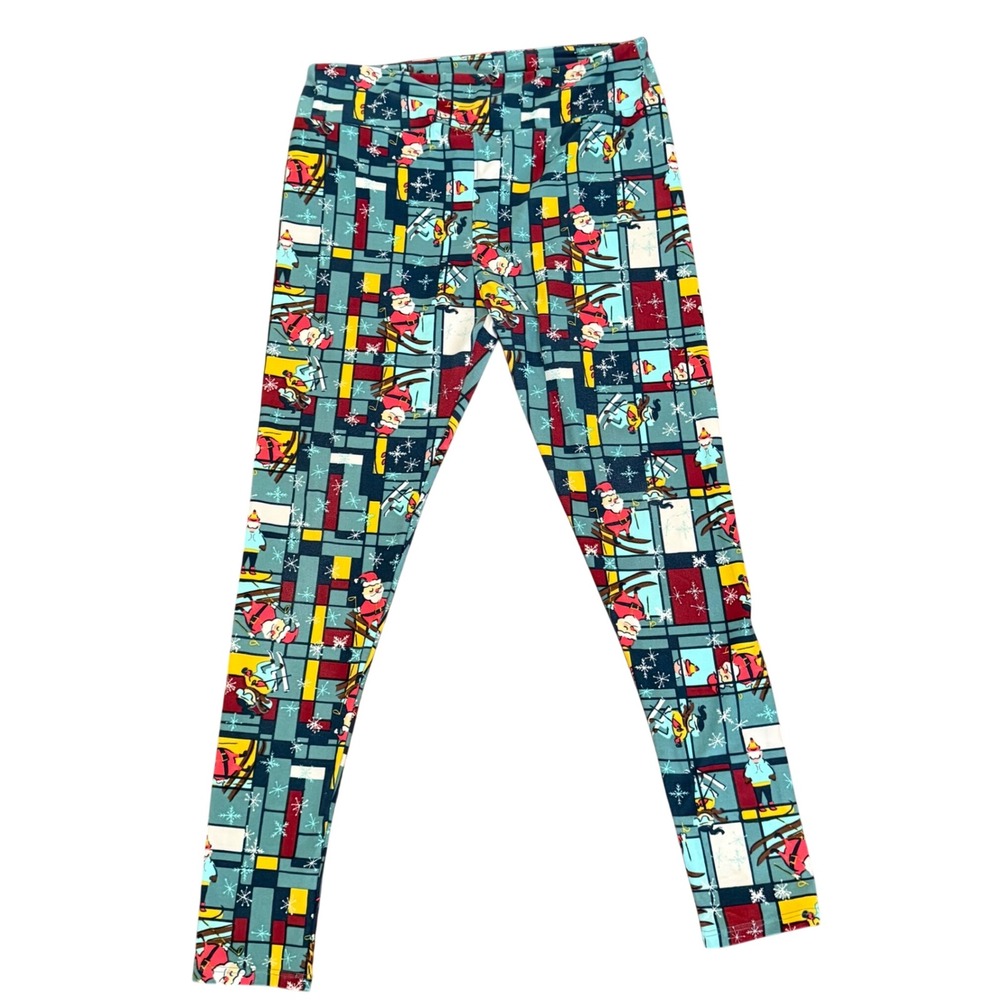 LuLaRoe Tall & Curvy Leggings Skiing Santa Holiday Christmas Print Multicolor TC